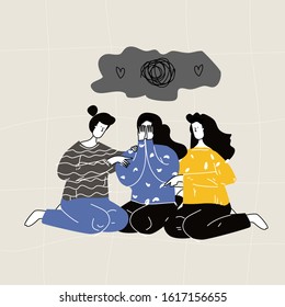  Female character in depression, sadness and her friends and relatives support her and calm her down. Concept of true friendship, aid, care and support. Flat cartoon colorful vector illustration.