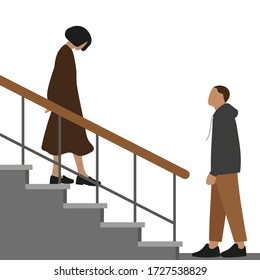 A female character descends the stairs, and a male character looks at her