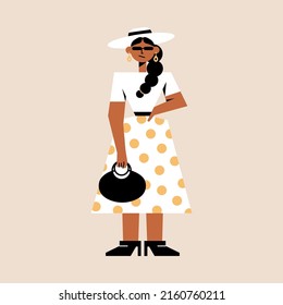 Female character design. Abstract hand drawn woman in stylish outfit with print cartoon flat style. Vector illustration