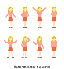 Female character in different poses. Set of various women's. Vector illustration.