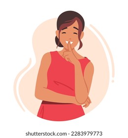 Female Character Displaying Gesture Of Silence By Pressing A Finger Against her Lips, Conveying A Message Of Secrecy Or Quietness. Discretion Or Confidentiality. Cartoon People Vector Illustration