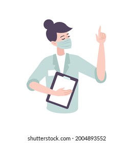 Female character of doctor in medical face mask flat vector illustration