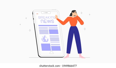 The female character doesn't want to read the latest or breaking news online on smartphone. Concept of using news applications. 