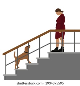 Female character and dog with collar on staircase