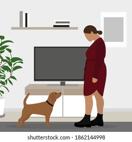 Female character and dog with collar in the room