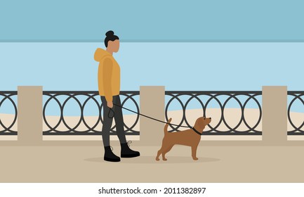 Personaje femenino con un perro corredizo caminando por el terraplén