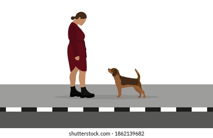 Female Character And Dog Without Collar On The Sidewalk