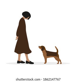 Female character and dog without collar looking at each other on white background