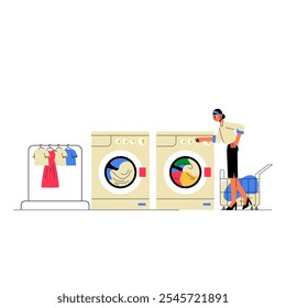 Female Character Doing Laundry In A Laundromat With Washing Machines And Clothing Rack In Flat Vector Illustration Symbolizing Laundry Tasks, Isolated On White Background.