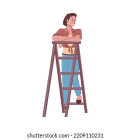Female character doing renovations or fixing things at home. Isolated woman standing on ladder taking break from chores. Vector in flat cartoon styles