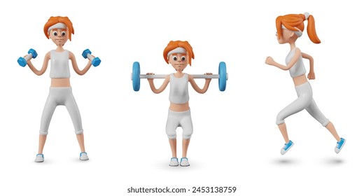 Female character doing sports exercises. Woman trains with dumbbells, squats with barbell, runs