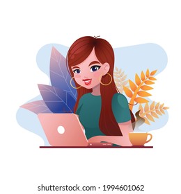 Female character doing work or virtual meeting on a laptop. Work from home scene during the pandemic lockdown or movement restriction due to covid-19 virus. Stay home and stay safe.