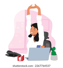 Female Character Doing Workout In Office Space. Fitness, Active Lifestyle, Health And Wellness Concept with Woman Stretching Arms at Workplace. Cartoon People Vector Illustration