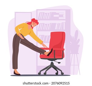 Female Character Doing Workout at Work Place Stretching Body and Legs using Armchair. Office Worker Exercising at Workplace, Manager Health Care and Sport Concept. Cartoon People Vector Illustration