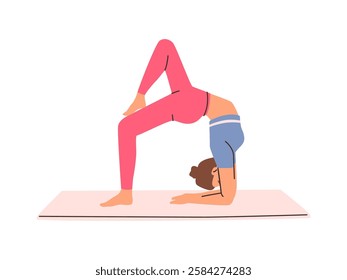 Female character doing yoga asanas and working out. Vector isolated sportive and flexible personage on mat. Sports and leisure activities for healthy and fit life. Exercises and fitness