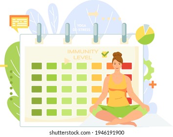 Female character doing yoga de-stress. Yogi against background of poster with level of immunity