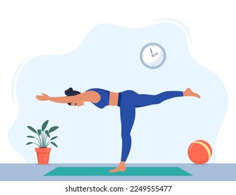 Female character doing yoga exercises at home. Wellness, healthcare and lifestyle concept. Vector illustration