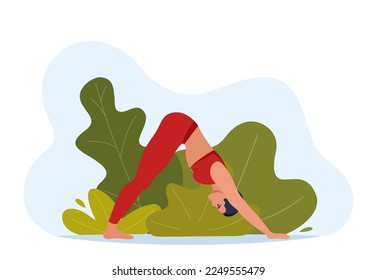 Female character doing yoga exercises on fresh air. Outdoor yoga. Wellness, healthcare and lifestyle concept. Vector illustration