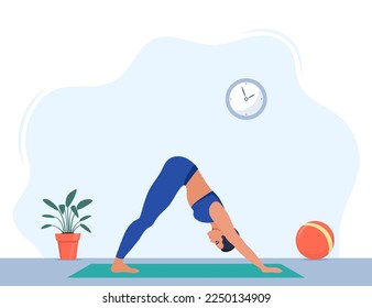 Female character doing yoga exercises at home. Wellness, healthcare and lifestyle concept. Vector illustration