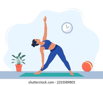 Female character doing yoga exercises at home. Wellness, healthcare and lifestyle concept. Vector illustration