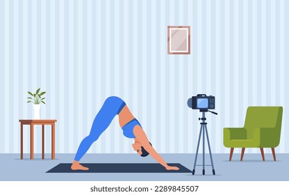 Female character doing yoga exercises at home recording video with camera on tripod. Social network blogging, healthy lifestyle concept. Sport streming. Vector illustration