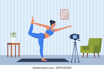 Female character doing yoga exercises at home recording video with camera on tripod. Social network blogging, healthy lifestyle concept. Sport streming. Vector illustration