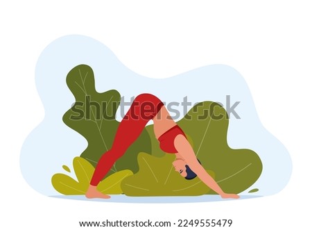 Female character doing yoga exercises on fresh air. Outdoor yoga. Wellness, healthcare and lifestyle concept. Vector illustration