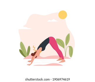 Female character doing yoga in nature and leaves. Concept illustration for practicing yoga, meditation, healthy lifestyle. Colorful yoga concept for app, web design. Modern vector illustration in flat