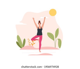 Female character doing yoga in nature and leaves. Concept illustration for practicing yoga, meditation, healthy lifestyle. Colorful yoga concept for app, web design. Modern vector illustration in flat