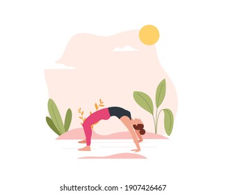 Female character doing yoga in nature and leaves. Concept illustration for practicing yoga, meditation, healthy lifestyle. Colorful yoga concept for app, web design. Modern vector illustration in flat