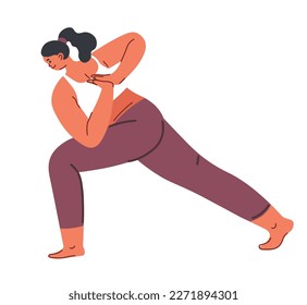 Female character doing yoga poses and asanas, balancing and strengthening body and muscles. isolated woman in sports suit standing still, stretching and gymnastics. Vector in flat style illustration