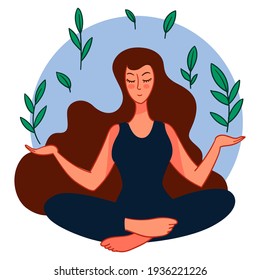 Female character doing yoga sitting in lotus pose. Elegant woman with foliage and leafage, unity with nature and inner self. Young lady caring for health and clear mind and soul. Vector in flat style