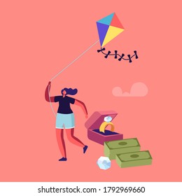 Female Character Dreaming of Escape from Golden Cage and Simple Human Things. Woman Having Fun Running with Kite Ignoring Jewelry and Money Lying beside. Freedom, Escaping. Cartoon Vector Illustration