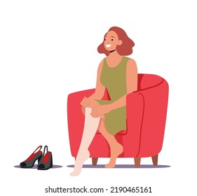 Female Character Dressing Stockings And Shoes Sitting On Armchair. Young Woman Choose Footwear At Shop Or Getting Dressed At Morning Isolated White Background. Cartoon People Vector Illustration