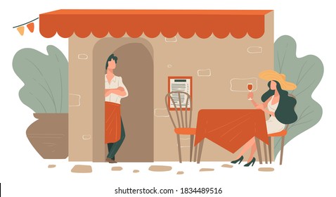 Persona femenina bebiendo vino tinto, camarera esperando por orden. Servicio de restauración, terraza exterior. Dama disfrutando solo los fines de semana, degustación gourmet de bebidas alcohólicas, vector de estilo plano