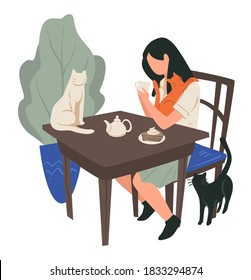 Female character drinking tea and eating cake in japanese restaurant or cafe. Woman holding cup of coffee, cat sitting on table. Young lady at home trying warm beverages. Vector in flat style