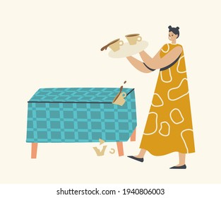 Female Character Drop Tray with Coffee Cups. Clumsy Housewife or Waitress Break Dishes with Hot Beverage. Sudden Occurrence on Kitchen, Clumsiness with Utensil. Cartoon People Vector Illustration