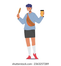Female Character Eating Street Food. Woman Enjoys A Potato Spiral Snack While Sipping Coffee, Savoring Contrasting Flavors Of Crispy Spiral And The Warm Beverage. Cartoon People Vector Illustration