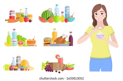 Female character eating yogurt rich in probiotics and good bacteria. Isolated woman and set of meals. Watermelon and bottle of water, fruits and vegetable with chicken meat. Vector in flat style