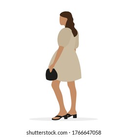 
Female character in elegant dress and with a handbag on a white background