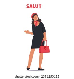 Female Character Elegantly Saying Salut. Woman With A Warm Smile, Extends A Friendly French Greeting, Embodying The Charm Of France In Her Words And Demeanor. Cartoon People Vector Illustration