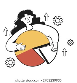 Female character embraces a pie chart with growth arrows and gear icons surrounding her on a white background. Concept of analytics and success. Vector illustration