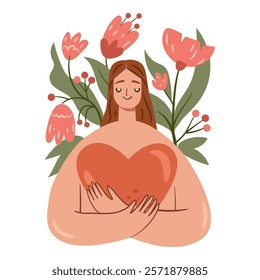 Female character embracing heart, isolated woman day celebration. Vector flowers decoration and adornment, equality and empowerment, diversity and rights. Feminism and social solidarity