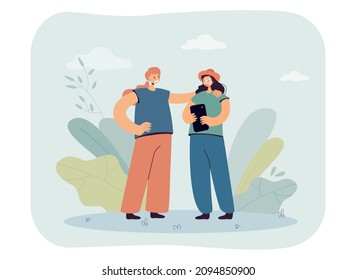 Female character embracing her friend with smartphone in hands. Girls spending time together in real life flat vector illustration. Friendship concept for banner, website design or landing web page