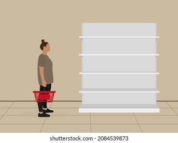 Female character with empty grocery basket in hand stands in front of empty shelves indoors
