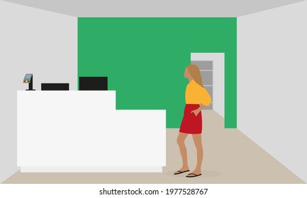 Female character in empty room with table, computer and payment terminal
