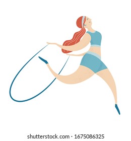Female Character Engage Sport Activities Doing Exercises, Fitness Workout, Running, Jumping on Rope. Healthy Lifestyle Leisure. Cartoon Flat Vector Illustration isolated on white background
