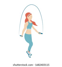Female Character Engage Sport Activities Doing Exercises, Fitness Workout, Running, Jumping on Rope. Healthy Lifestyle Leisure. Cartoon Flat Vector Illustration isolated on white background