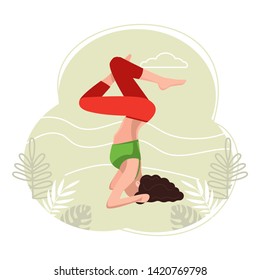 The female character is engaged in sports. Yoga to strengthen muscles and lose weight. Outdoor activity. The concept of a healthy lifestyle. Vector illustration.