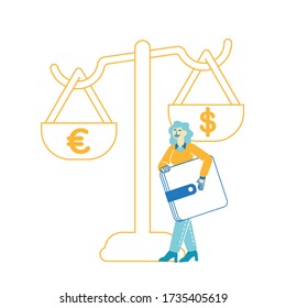 Female Character Enjoy Finance Success, Saving Euro and Dollars Currency in Wallet. People and Money Concept. Tiny Woman Carry Huge Purse Full of Cash and Credit Cards. Linear Vector Illustration